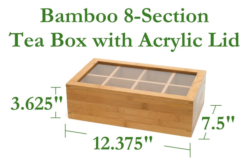 Lipper International Bamboo Wood Tea Box with Clear Lid, 8 Compartments, 12-1/2" x 7-1/2" x 3-5/8" - Image 2